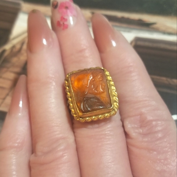 Antique Carnelian Glass Cameo in 24k Vermeil Sterling Ring - Picture 2 of 8